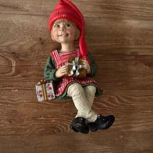 RARE Vintage Candy Design Norway Girl w/ Christmas Present Shelf Sitter Figurine
